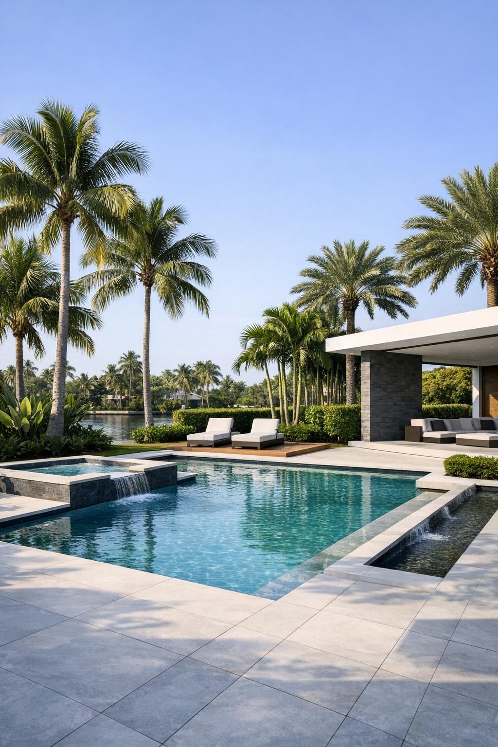 a completed pool with palm trees